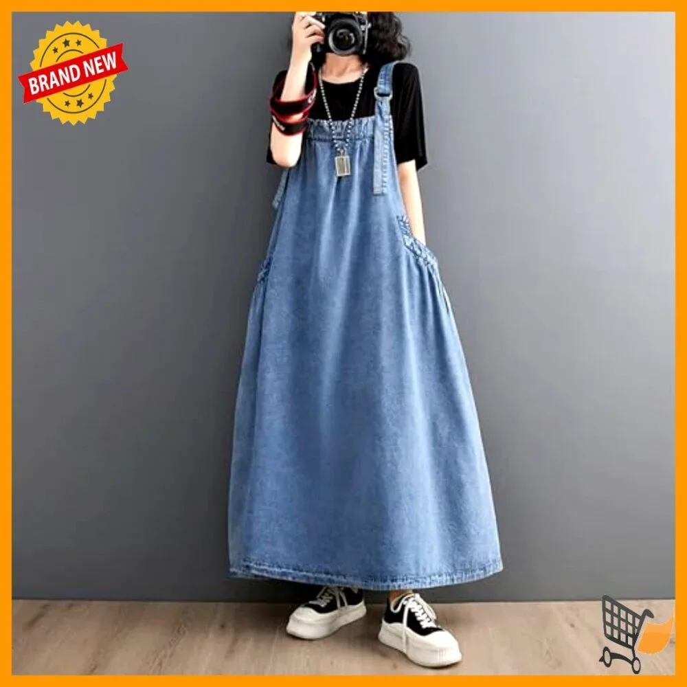 Loose Denim Jumper Dress with Adjustable Straps and Pockets - Picture 5 of 6